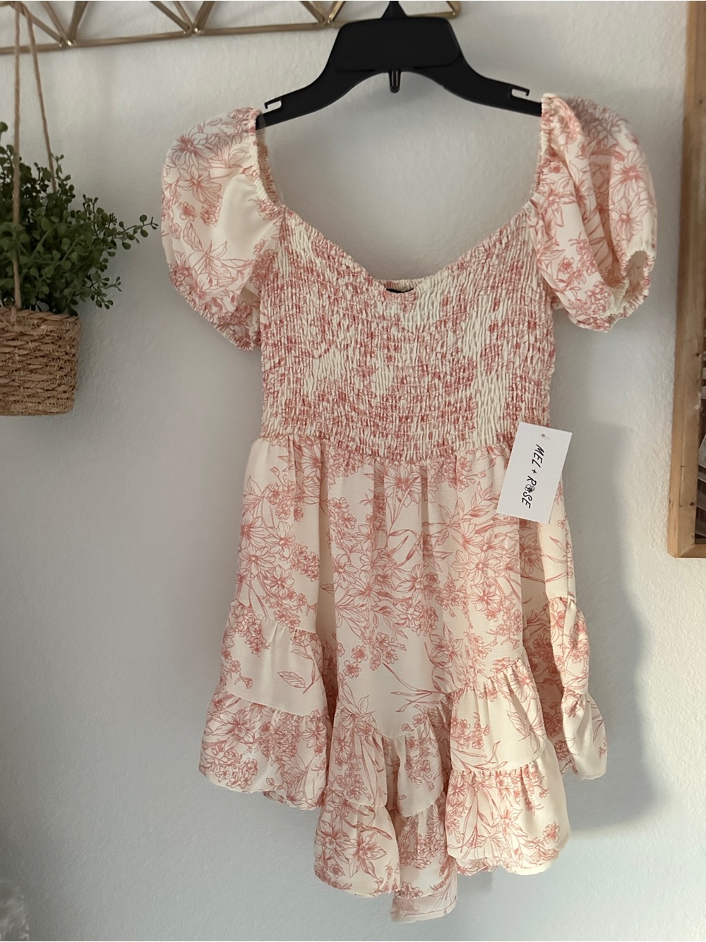 Smocked Puff-Sleeve Mini Dress in Cream and Dusty Rose